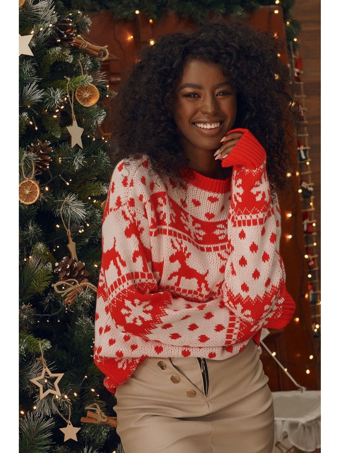 Women\'s Christmas sweater with patterns, red 8523 - Online store - Boutique